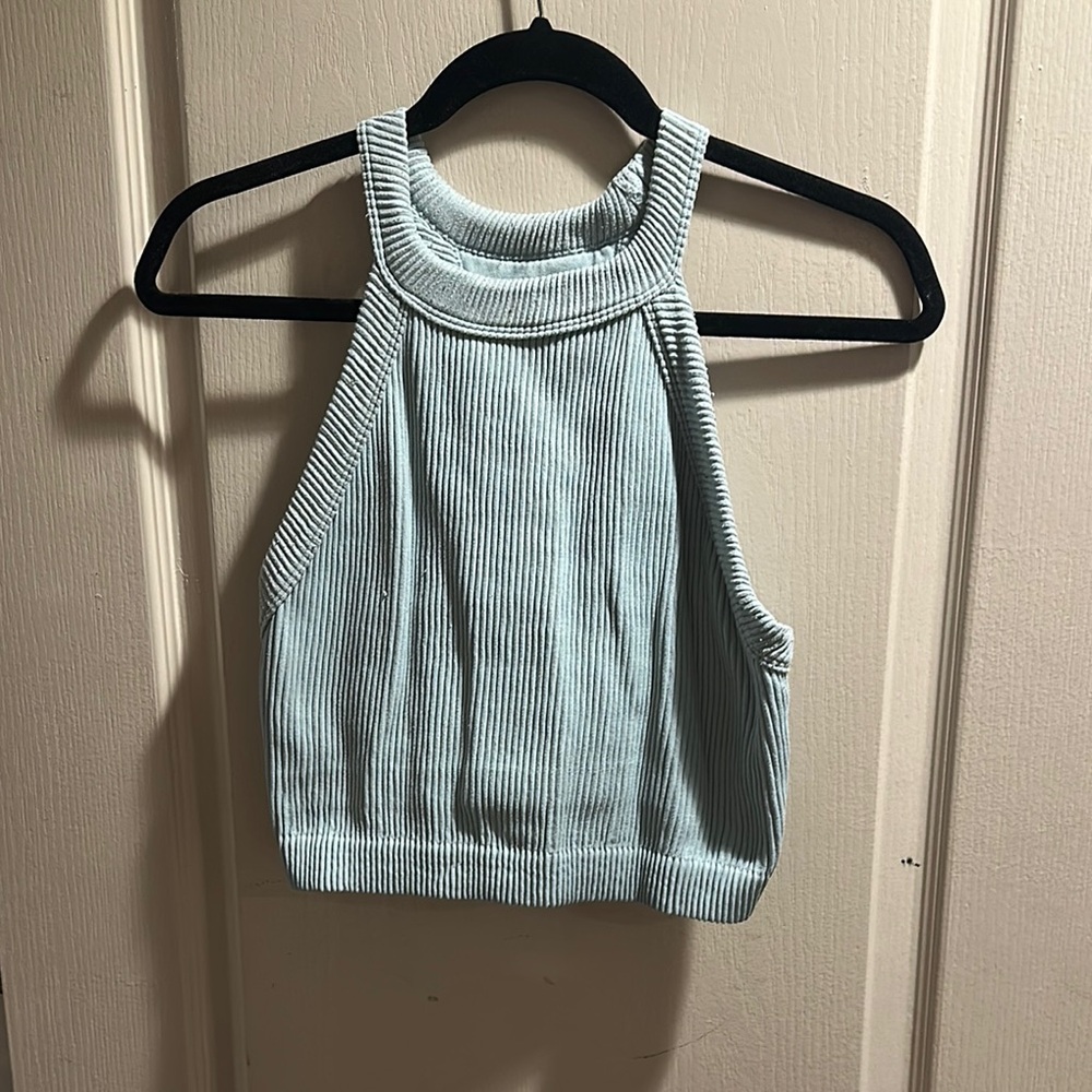 Double-lined, Ribbed Halter Crop Top in Soft Blue
